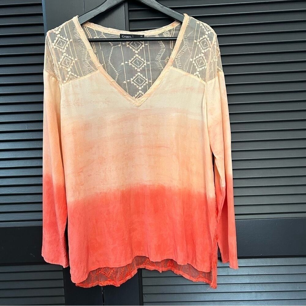 Gypsy 100% Silk Boho Coral Ombré V Neck Embroidered Long Sleeve Boho Top,Size XS
